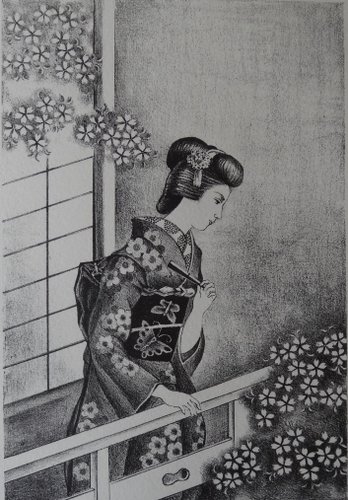 Japanese Woman with Fan Lithograph by Kiyoshi Hasegawa, 1930 for