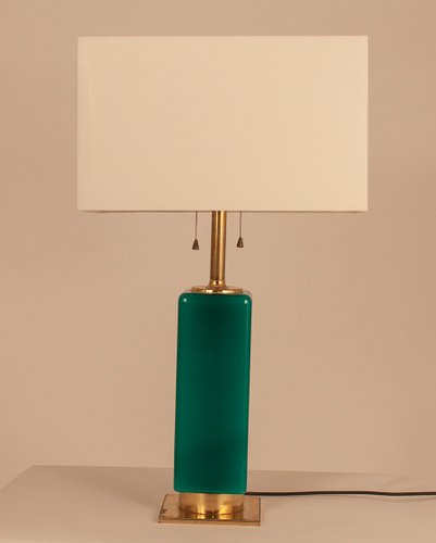 green and brass desk lamp