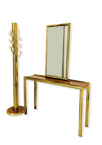 Vintage Brass Mirror Console Table And Coat Stand Set 1970s For Vintage Brass Mirror Console Table