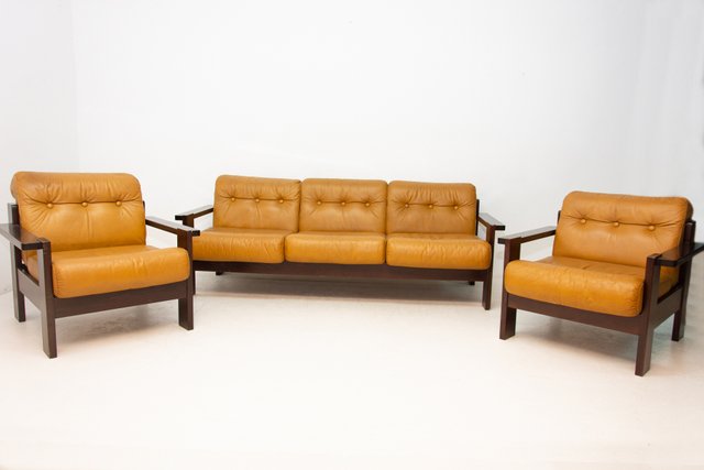 Leather Sofa And Two Armchairs Living Room Set 1980s Set Of 3