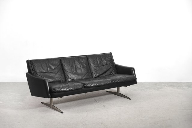 Mid Century Scandinavian Black Leather, Black Leather Settee And Chair