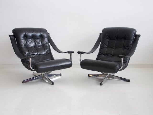 Black Leather Swivel Chairs From Göte, Black Leather Swivel Chair