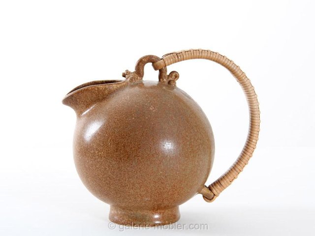 Scandinavian Pottery Pitcher with Rattan Handle attributed to Arne