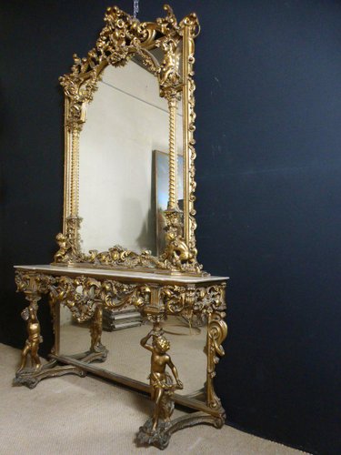 Antique Gold Wood Console And Mirror, Gold Console Table With Mirror