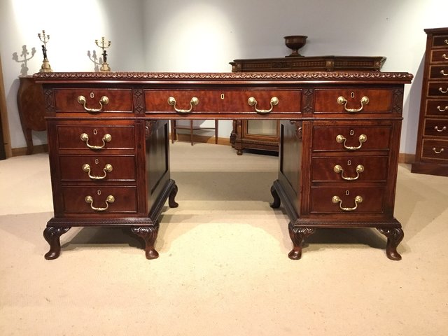 Antique Edwardian Chippendale Style Mahogany Pedestal Secretaire
