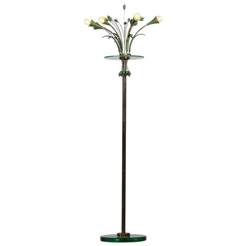 Italian Glass And Floral Decor Floor Lamp In The Style Of Fontana