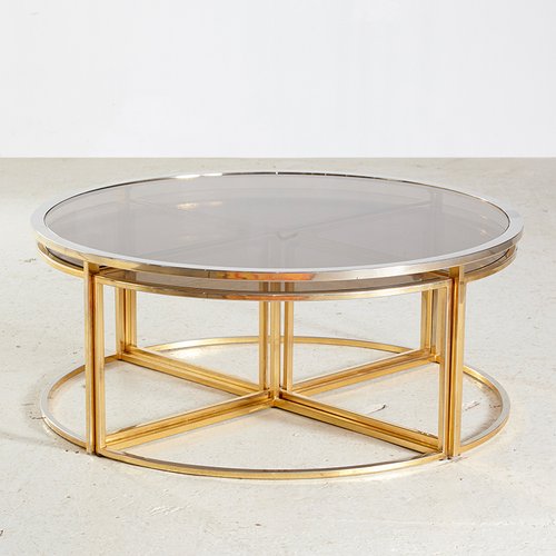 Golden Framed Round Glass Coffee Table, Glass Coffee Table