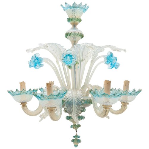Italian Romantic Murano Blue Opal Glass Chandelier from Compagnia Di Venezia E Murano (C.V.M.), 1950s Italian Romantic Murano Blue Opal Glass Chandelier from Compagnia Di Venezia E Murano (C.V.M.), 1950s