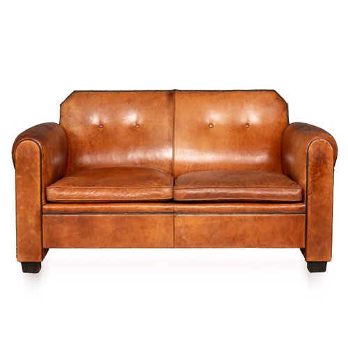 Vintage Dutch 2 Seater Tan Leather Sofa, Antique Leather Sofa