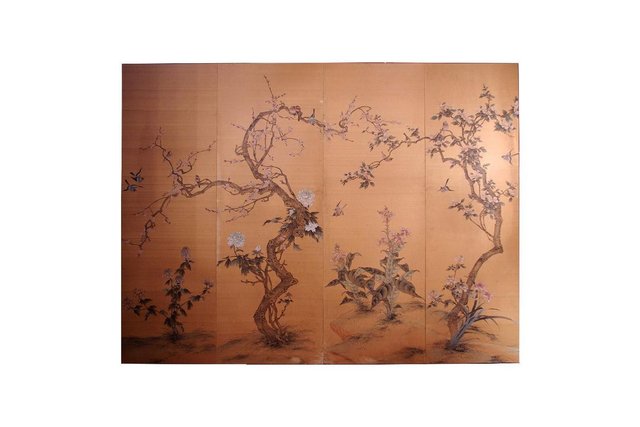 Antique Japanese Painted Silk Panel with Flowers and Birds Decor
