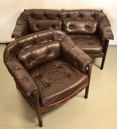 Vintage Leather And Rosewood Living Room Set By Arne Norell For