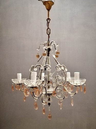 Pink Crystal Beaded Chandelier with Murano Glass Drops, 1940s Pink Crystal Beaded Chandelier with Murano Glass Drops, 1940s