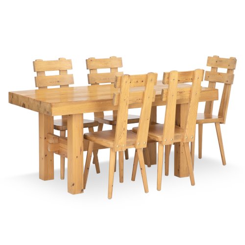 Vintage Pinewood Dining Table & Chairs Set, 1970s, Set of 6 for sale at