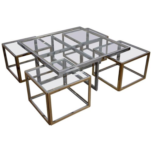 Large Coffee Table In Brass And Chrome, Glass And Chrome Square Coffee Tables