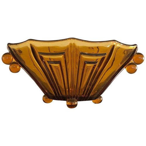 Art Deco Amber Color Thick Glass Decorative Vase Bowl Or