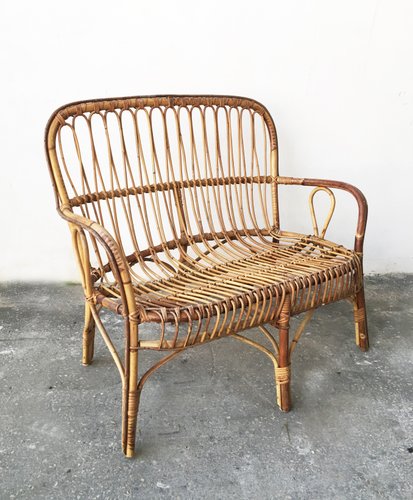Italienische Mid-Century 2-Sitzer Bank aus Rattan & Bambus, 1950er bei