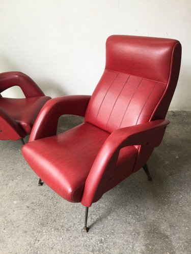 Mid Century Red Faux Leather And Iron Lounge Chairs Attributed To Carlo De Carli Set Of 2 For Sale At Pamono