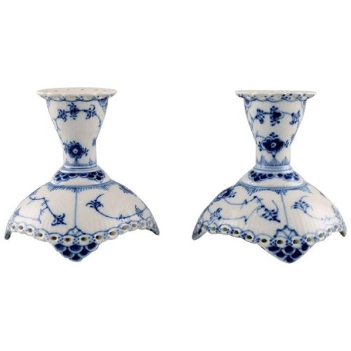 Blue Fluted Full Lace Porcelain Candleholders From Royal Copenhagen Set Of 2 For Sale At Pamono