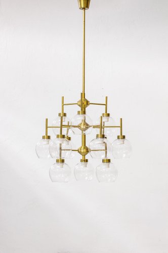 Swedish Chandelier in Brass & Glass by Holger Johansson for Westal Swedish Chandelier in Brass & Glass by Holger Johansson for Westal