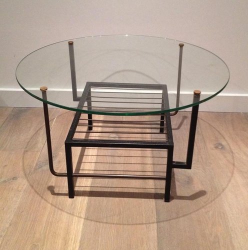 French Black Lacquered Metal And Brass Small Coffee Table With Round Glass Top In The Style Of Mathieu Mategot 1970s For Sale At Pamono