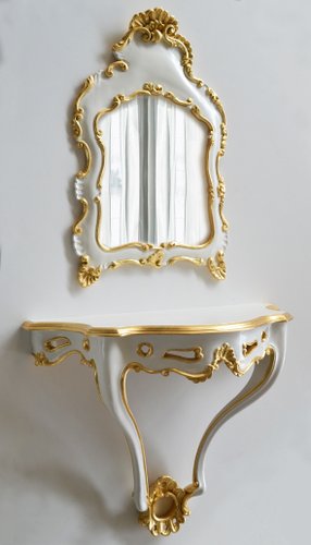 Wall Mirror Console Gold White Oval Set 44x38cm Bracket Baroque Antique 345