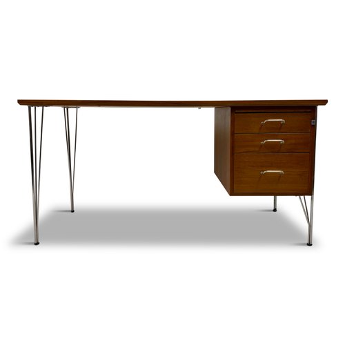Danischer Mid Century Teak Schreibtisch Mit Verchromten Haarnadel