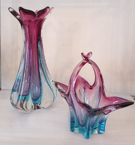Murano Vase und Schale mit Griff, 1950er, 2er Set bei Pamono kaufen
