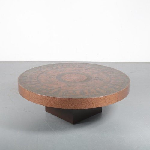 Italian Etched Copper Coffee Table, Round Copper Top Coffee Table