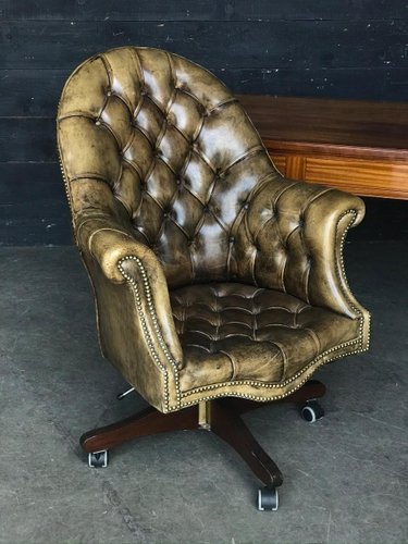 Vintage Green Button Leather Chesterfield Swivel Desk Chair 1970s For Sale At Pamono