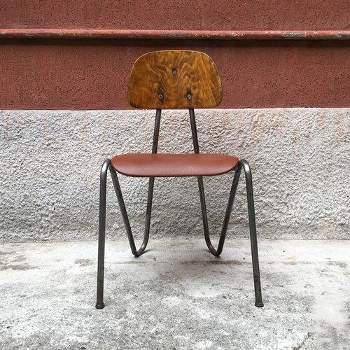 Tubular Metal Wood And Leather Desk Chair 1940s For Sale At Pamono