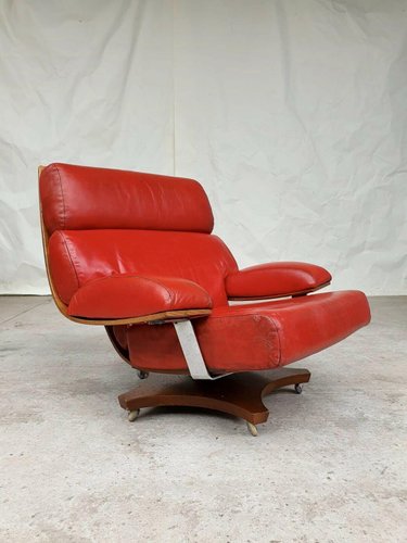 Mid Century Housemaster Red Leather, Red Leather Swivel Recliner Chair