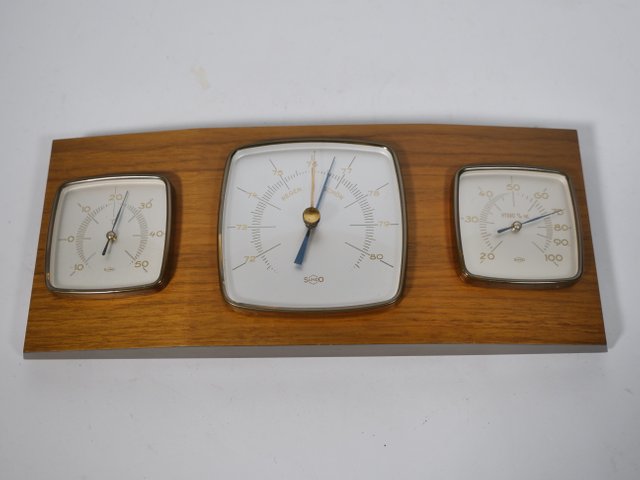 Vintage Teak Weather Station Thermometer Barometer and Hygrometer, 1960s Vintage Teak Weather Station Thermometer Barometer and Hygrometer, 1960s