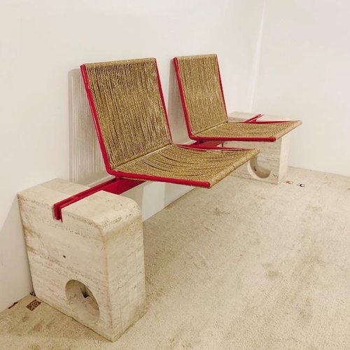 Travertine And Red Metal Bench With 2 Rope Seats Italy 1970s For Sale At Pamono