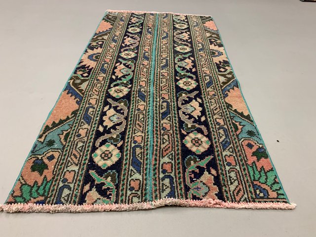 Small Vintage Turkish Distressed Green, Green And Brown Rug