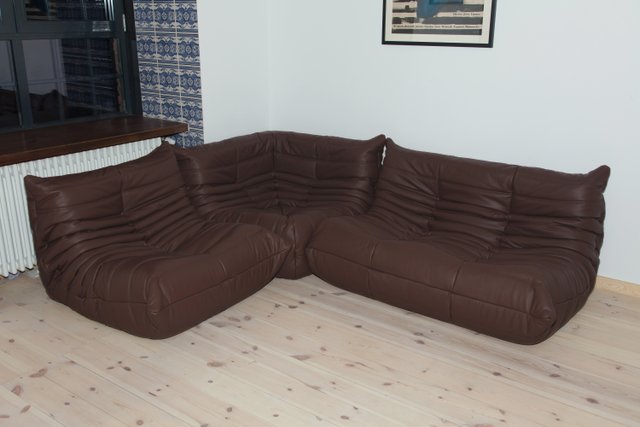 Madras Brown Leather Togo Corner Armchair And 2 Seater Sofa Set By Michel Ducaroy For Ligne Roset 1970s At Pamono 2 Seater Sofa Set By Michel Ducaroy, Leather Sofa And 2 Armchairs