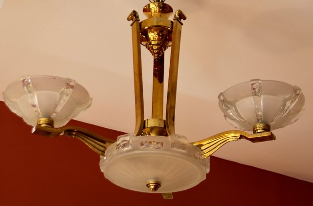 1930s ART NOUVEAU SOLID BRASS CHANDELIER W GLASS SHADES 3 1930s ART NOUVEAU SOLID BRASS CHANDELIER W GLASS SHADES 3