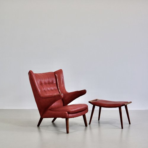 Red Leather Papa Bear Armchair And Footstool Set By Hans J Wegner