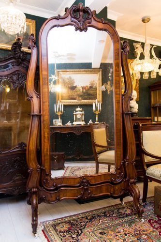 Large Antique Russian Rococo Style Full, Walnut Brown Full Length Mirror