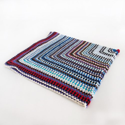 Couverture Vintage En Laine Crochetée – Fait Main, Années 1960, Motif Plaid