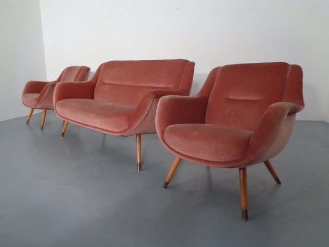 Mid Century French Organic Mohair Sofa And Lounge Chairs Set 1960s Set Of 3 For Sale At Pamono