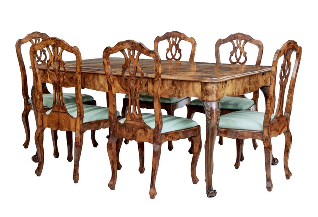Late 19th Century Swedish Burr Walnut Dining Table Chairs Set Of 7 For Sale At Pamono