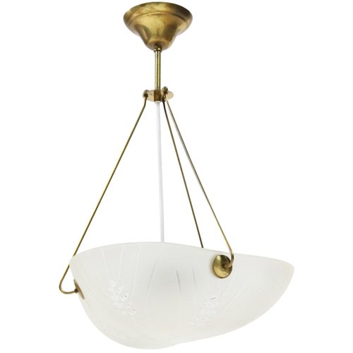 Art Deco Scandinavian Frosted Glass Brass Bowl Chandelier 1930s
