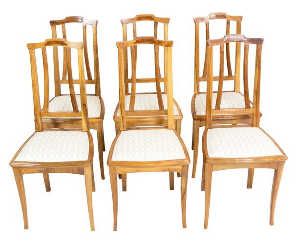 Art Nouveau Walnut Dining Chairs Set, Walnut Dining Chairs Set Of 6
