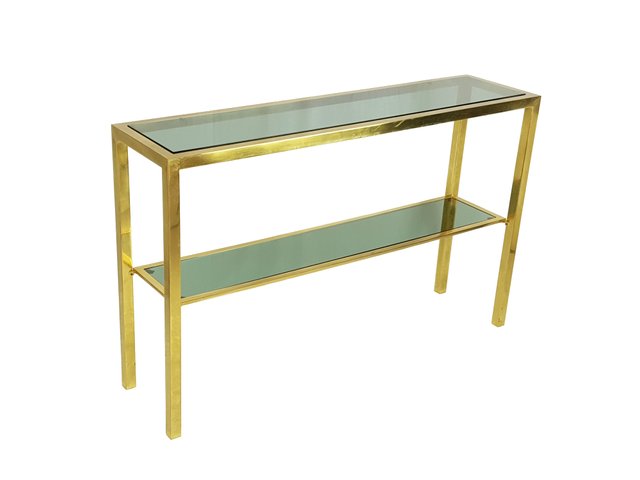 Italian Brass Smoked Glass Console, Glass Console Table With Shelf Uk