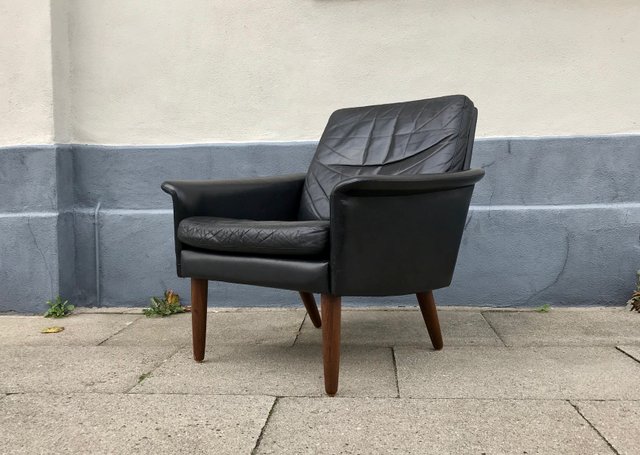 Danish Modern Black Leather Lounge, Danish Leather Chair