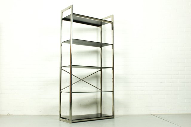 Smoked Glass Shelving Unit 1970s, Narrow Chrome And Glass Bookcase