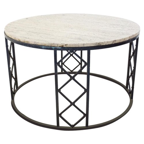 Travertine And Wrought Iron Circular, Black Wrought Iron Outdoor Coffee Table