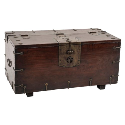 Vintage Chinese Wooden Chest with Decorations and Bronze Lock for sale at Pamono