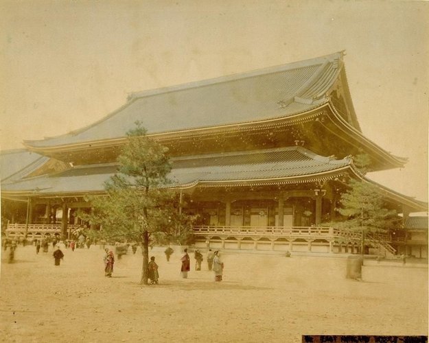 View of Honganji Temple in Kyoto - Ancient Hand-Colored Albumen