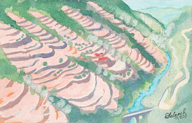 Pink Landscape Watercolor On Paper By J R Delpech 1937 1937 For Sale At Pamono